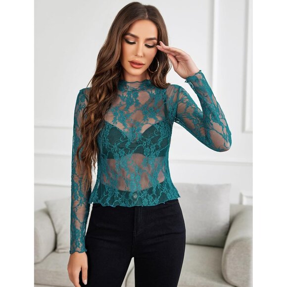 🆕Women’s Dark Blue Mesh Long Sleeve Mock Neck Sheer Floral Lace Top Blouse - Picture 5 of 7